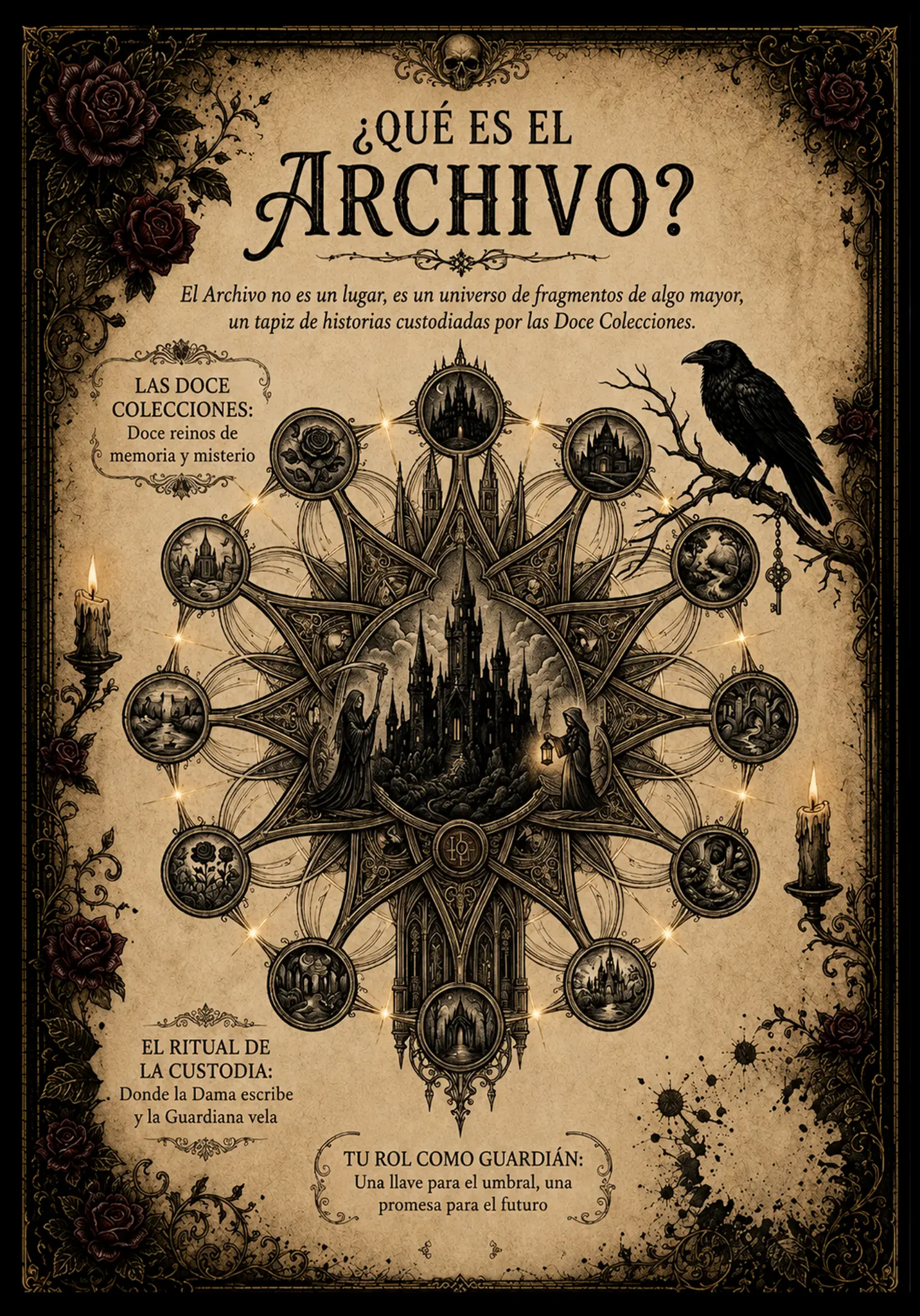 Portada del Archivo: Qué es el Archivo, con los doce territorios, La Dama y La Guardiana