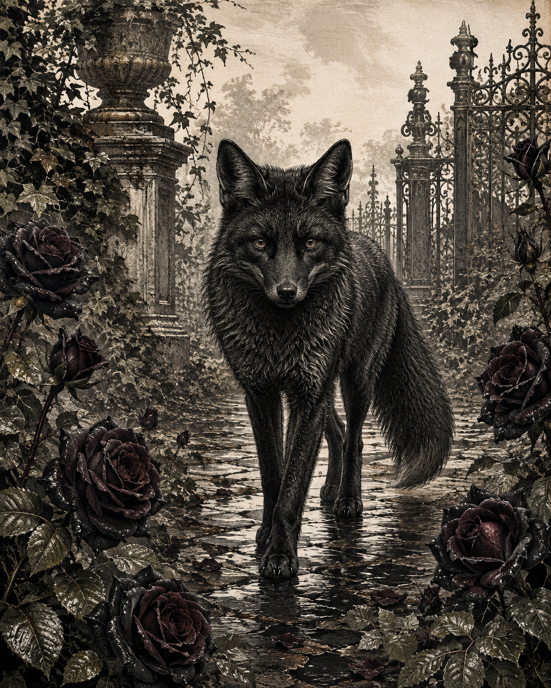 Ilustración del Zorro de las Rosas Eternas entre rosales negros